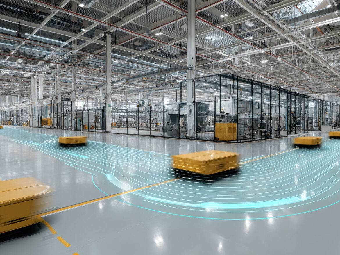 Autonomous Mobile Robots (AMRs) navigating large industrial warehouse