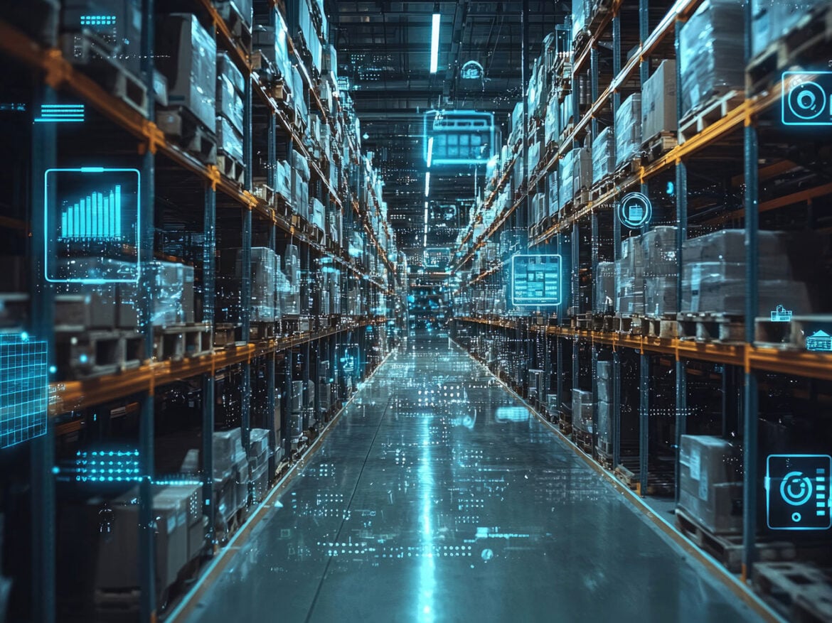 AI smart warehouse with digital overlay showing inventory management, automation, and data analytics