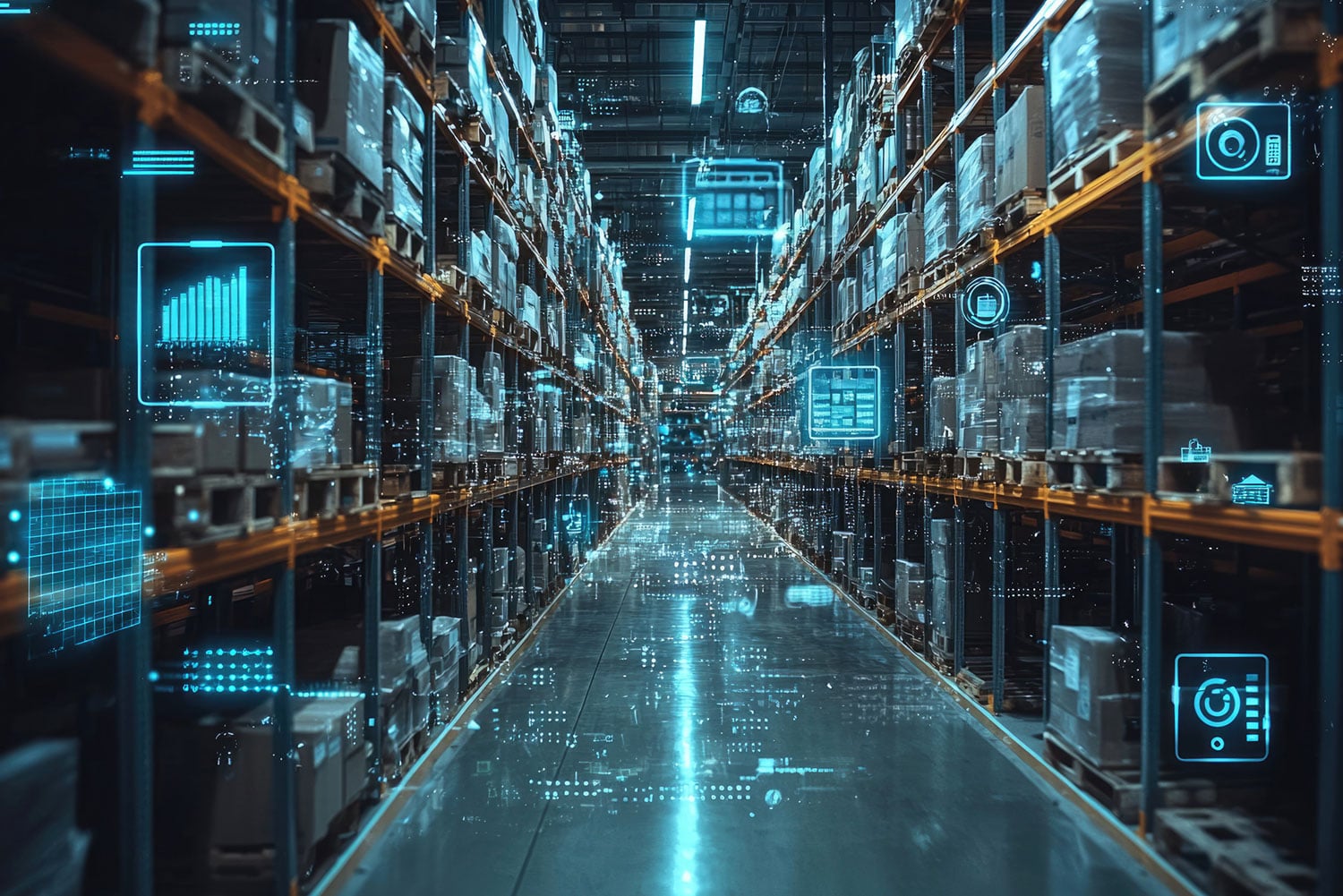 AI smart warehouse with digital overlay showing inventory management, automation, and data analytics