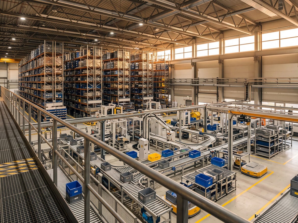 Modern automated warehouse with robotic assembly line high-density storage racks and conveyor system in a large industrial factory facility